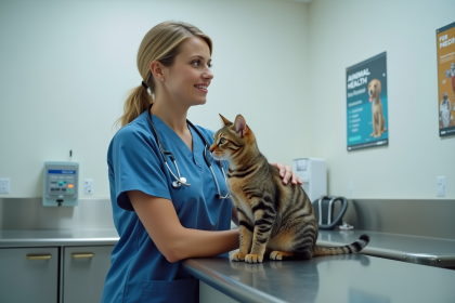 Vétérinaire femme tenant un chat adulte dans une clinique moderne