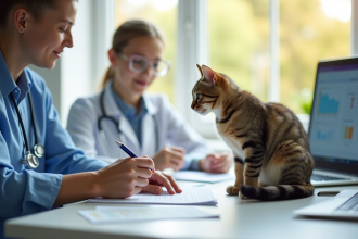 Vétérinaire examinant un chat en bonne santé sur un bureau lumineux