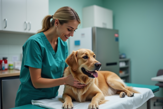 Vétérinaire en scrubs tenant un chien calme dans une clinique