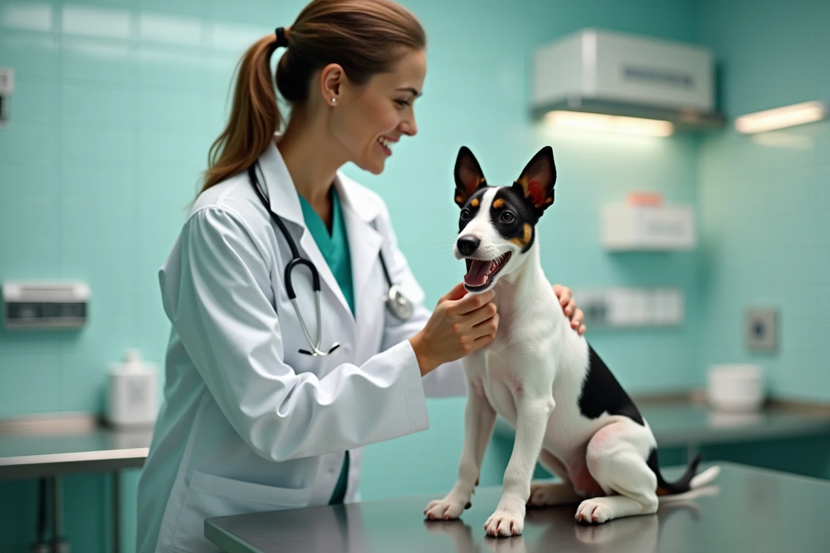 Vétérinaire examinant un chiot Fox Terrier à poil court lors d'une consultation en clinique