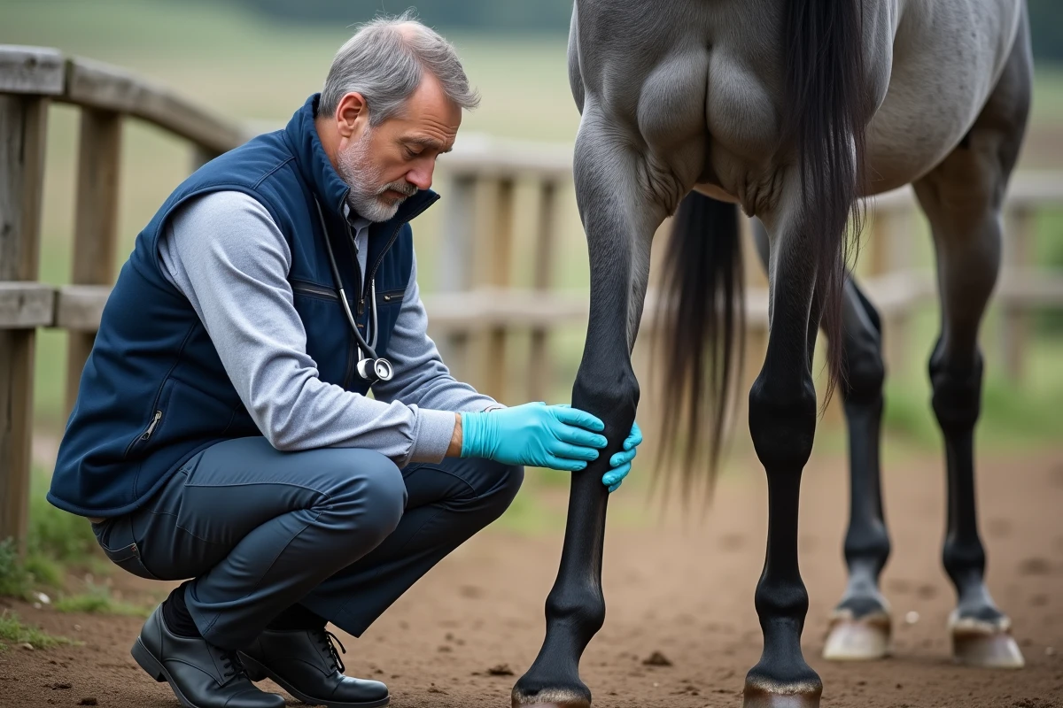 Vétérinaire en gants examinant la jambe enflée d'un cheval gris dans un paddock extérieur