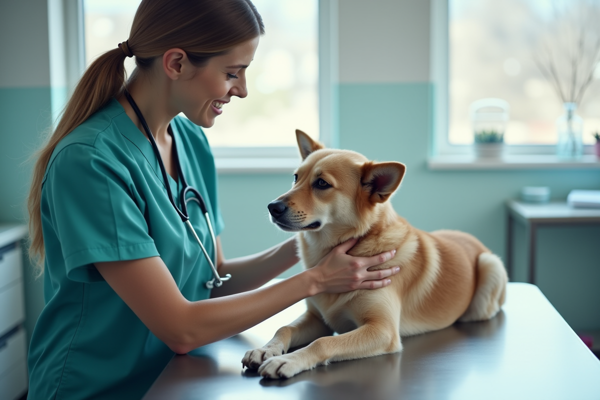 Vétérinaire examinant un chien sur une table en clinique