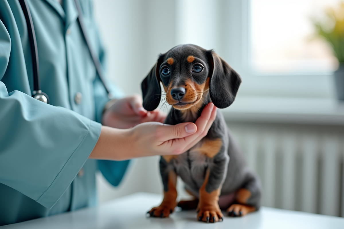 Vétérinaire examinant un chiot dachshund en clinique lumineuse