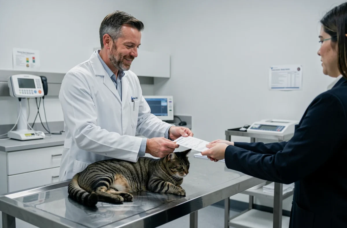 Vétérinaire remettant une facture à un propriétaire de chat lors d'une consultation clinique