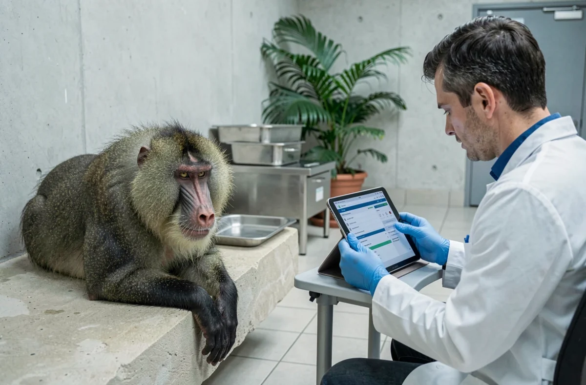 Vétérinaire consultant les données de santé d'un mandrill senior dans un centre vétérinaire zoologique