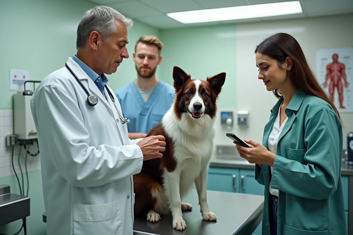 Vétérinaire expliquant les garanties de mutuelle canine à un couple avec leur border collie