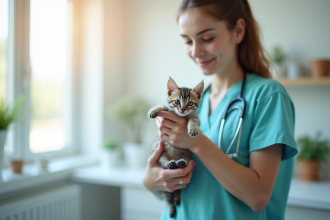 Vétérinaire tenant un chaton dans une clinique lumineuse