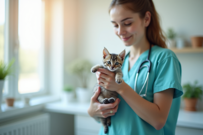 Vétérinaire tenant un chaton dans une clinique lumineuse