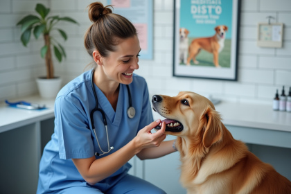 Vétérinaire examine la bouche d'un chien âgé dans une clinique