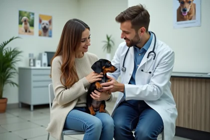Femme jeune avec chien et vétérinaire dans clinique