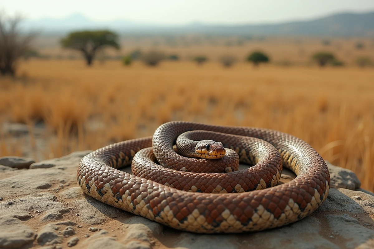 Vipère Urutu aux écailles géométriques sur un rocher dans la savane sud-américaine