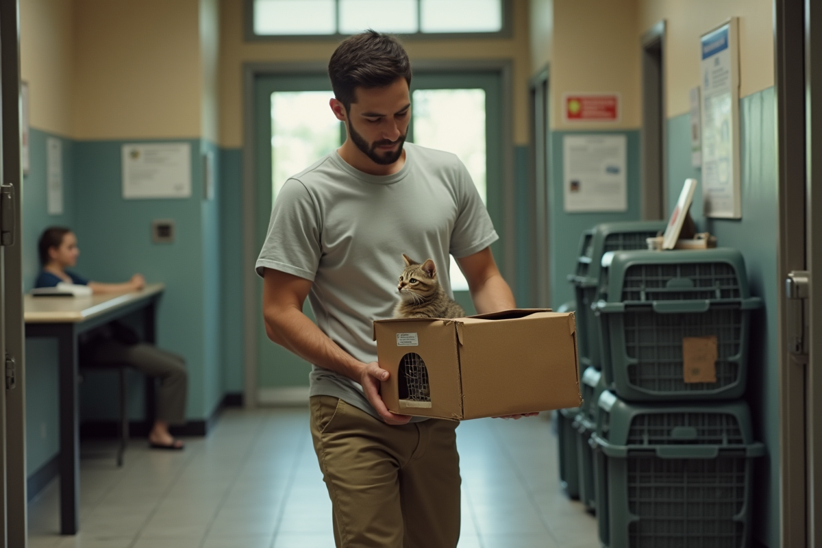 Jeune volontaire portant une caisse avec un chaton dans un centre animalier