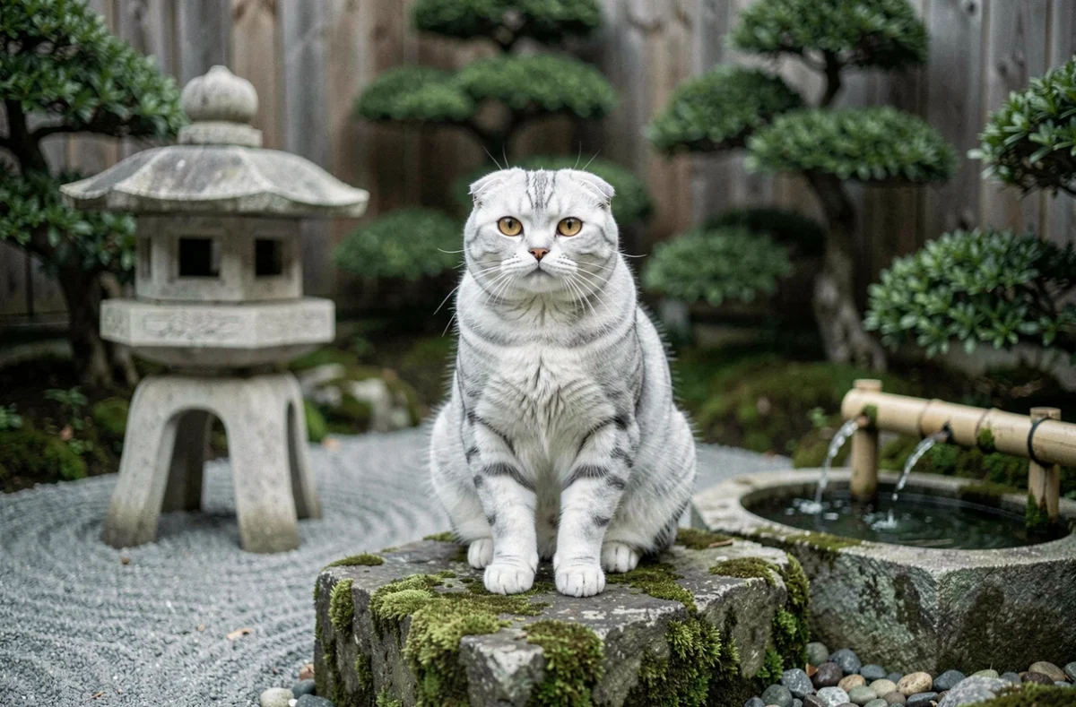 Chat Scottish Fold tabby argenté assis avec sérénité dans un jardin japonais zen avec lanterne en pierre et bambous